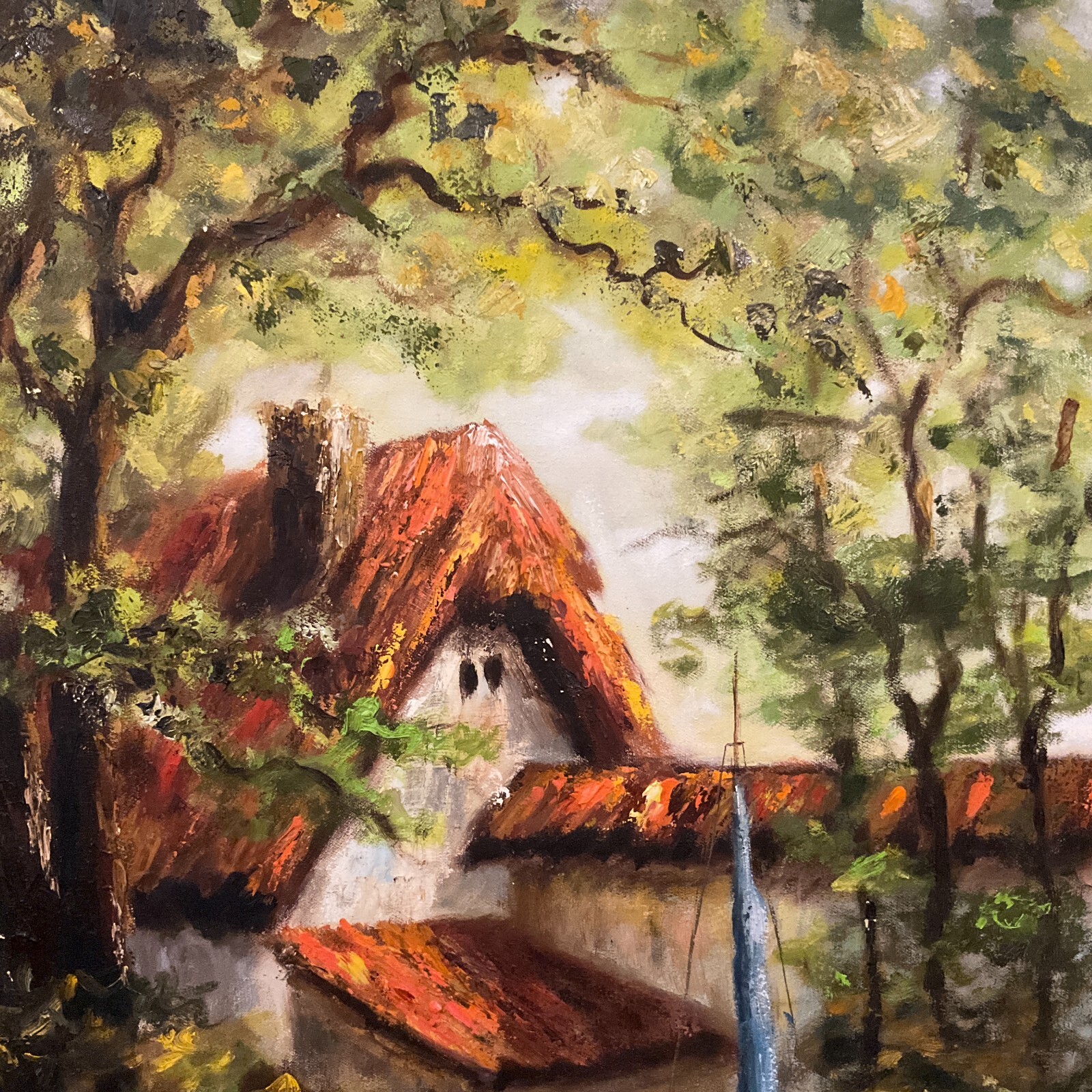 Vintage Framed Original Impressionist Landscape Oil on Canvas “Village Port”