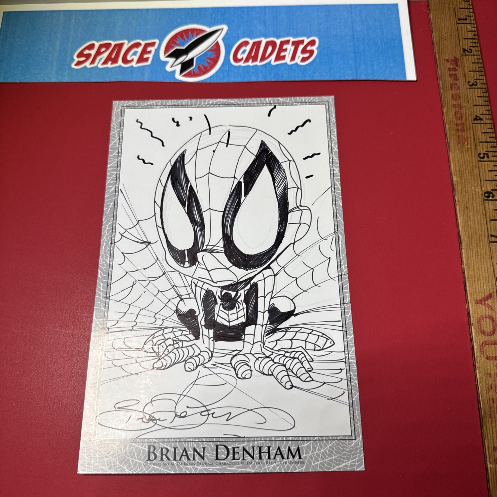 Brian Denham Spider-Man Original Ink Sketch Drawing 8 1/2 X 5 1/2” On Card