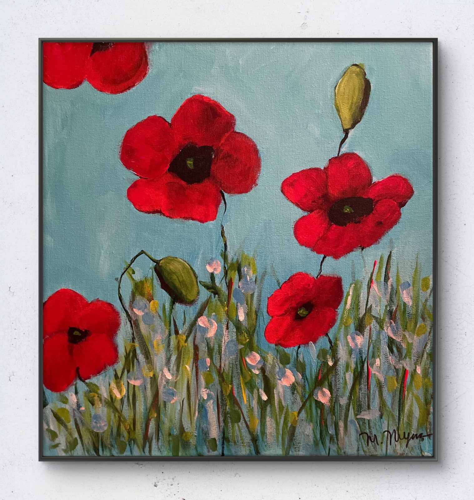 Mary Myers Original Red Poppies 14×14 Acrylic Signed Expressionist Floral