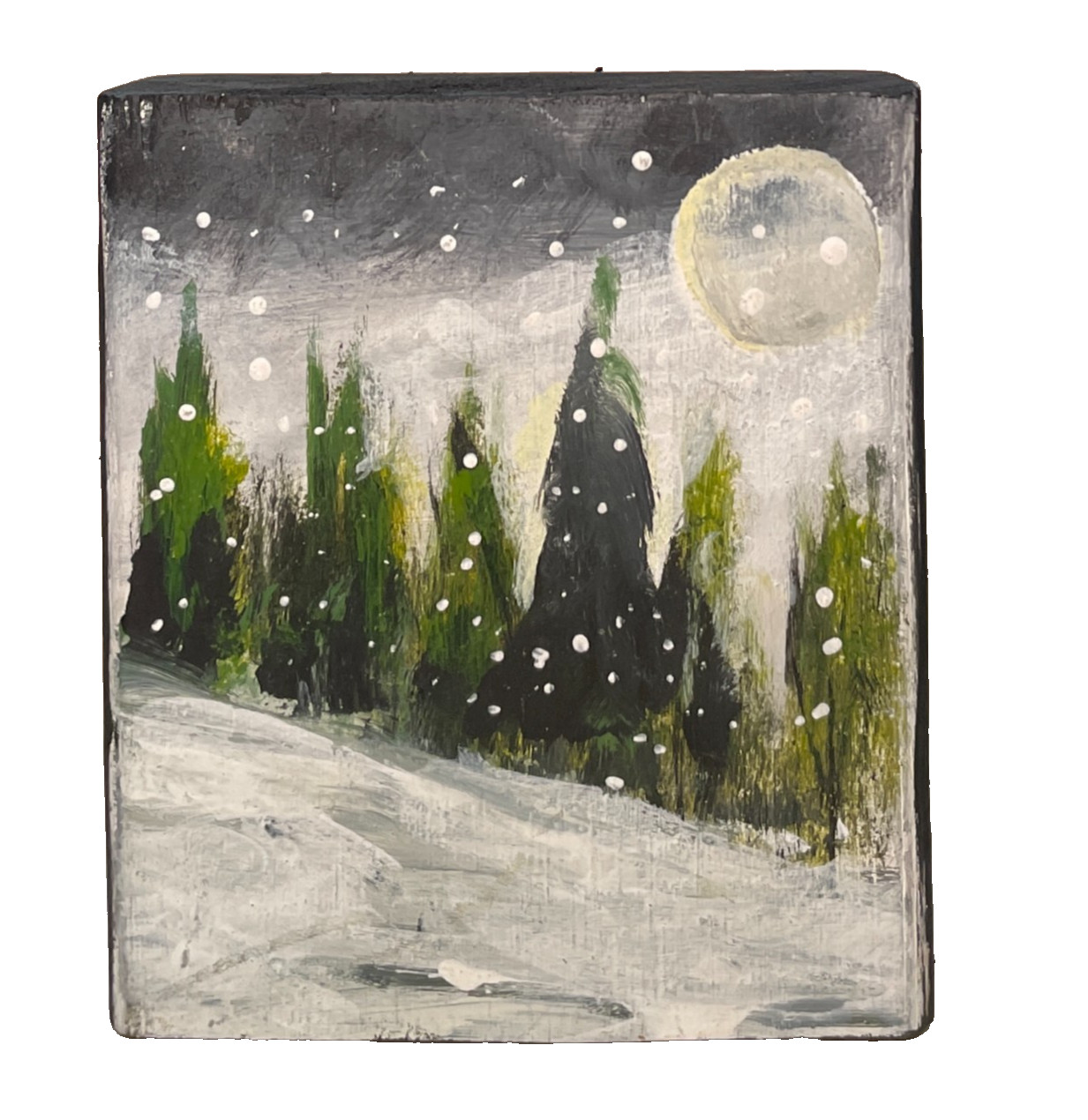 Mary Myers Original Art Block Winter Snowy Trees glowing Moon Reclaimed Wood