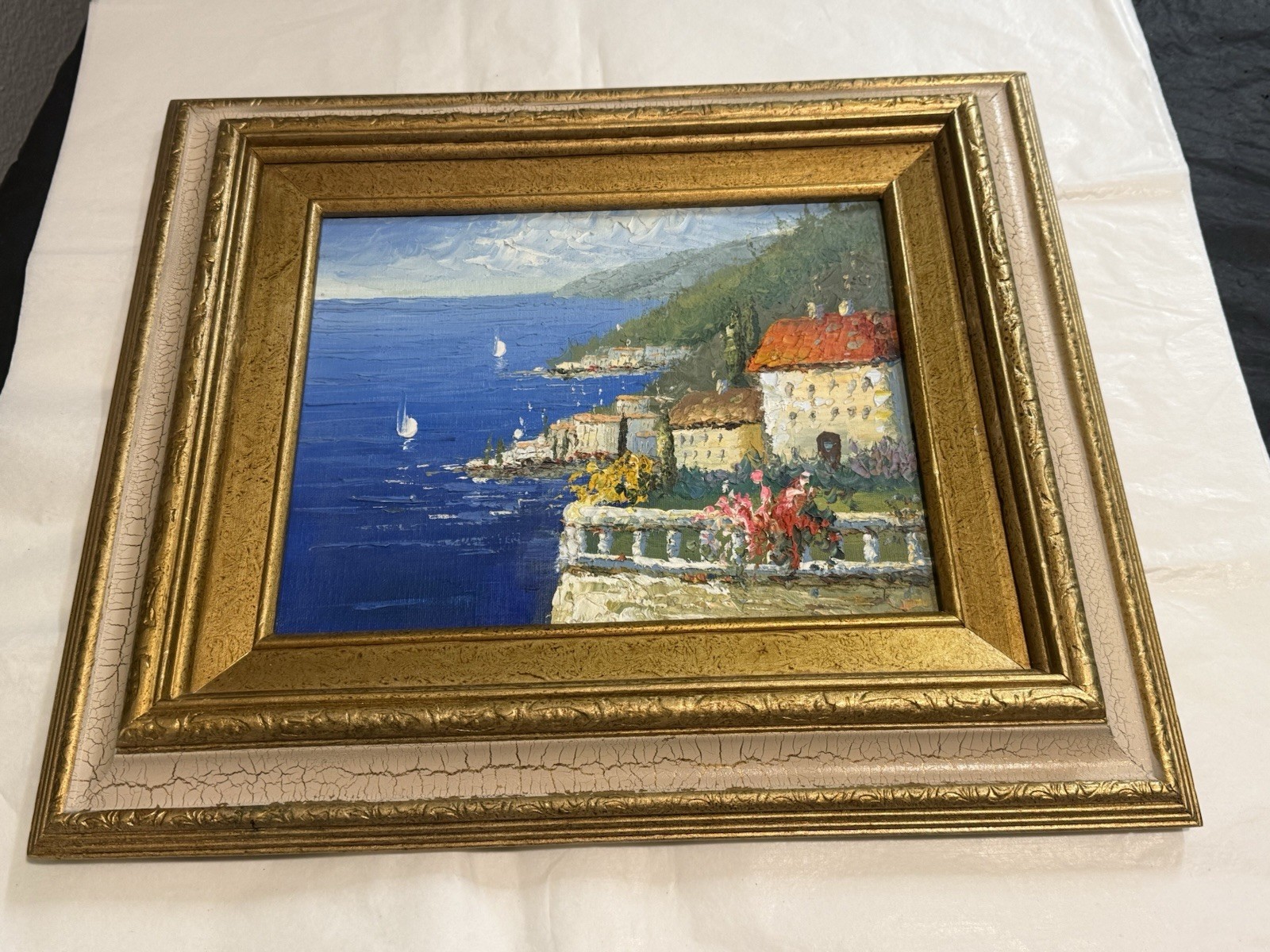 VTG 15×13 Gilded Gold Wood Framed Unsigned Italy Landscape Oil Painting