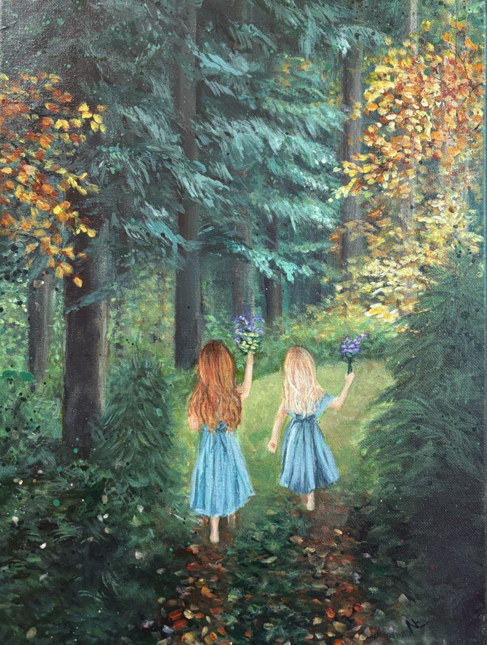 Original Acrylic Painting, Abstract Forest Landscape Sisters, 12x16inch Canvas