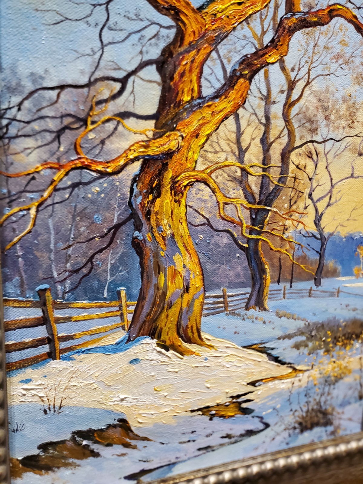 Original Oil Art Framed winter landscape painting with trees and bright blue sky