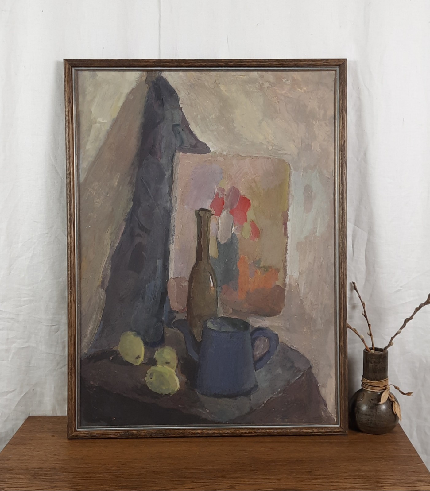 Original Gouache Still Life Painting Vintage Framed Modernist Art 1980s