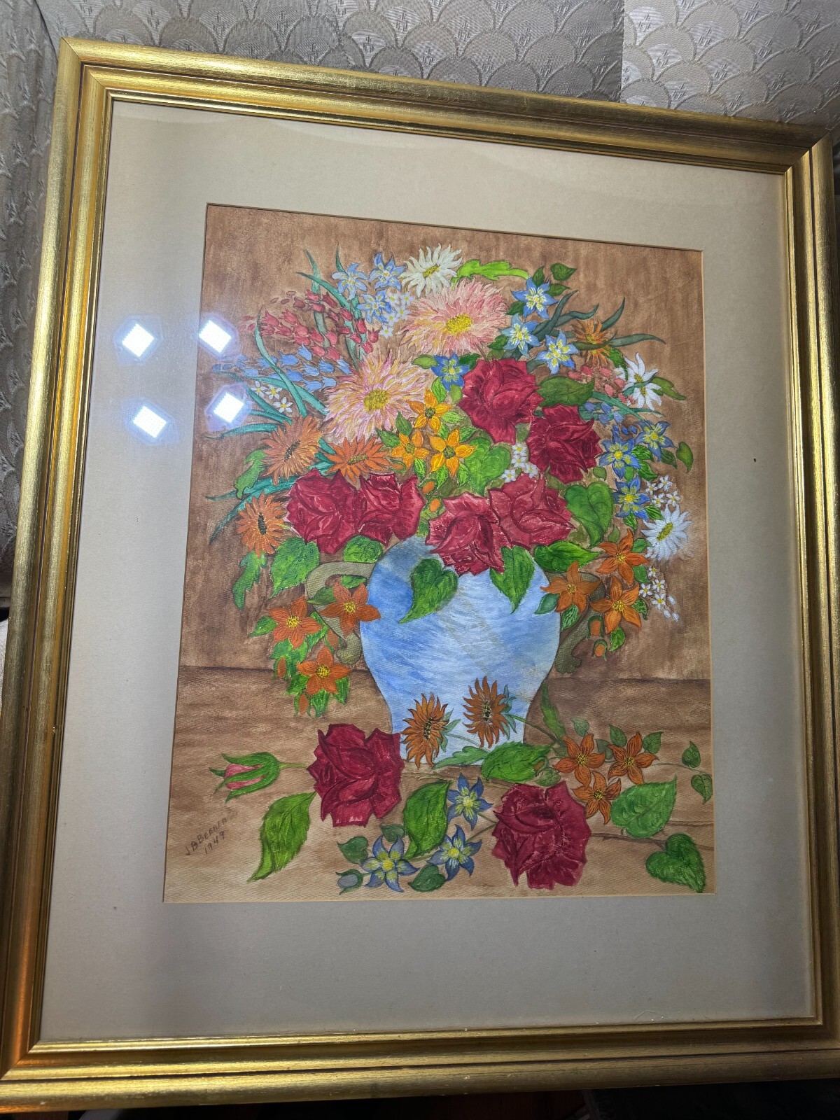 Large J.B Beemer? 1 949 “Floral Still Life Scene” Mixed Media Painting – Framed