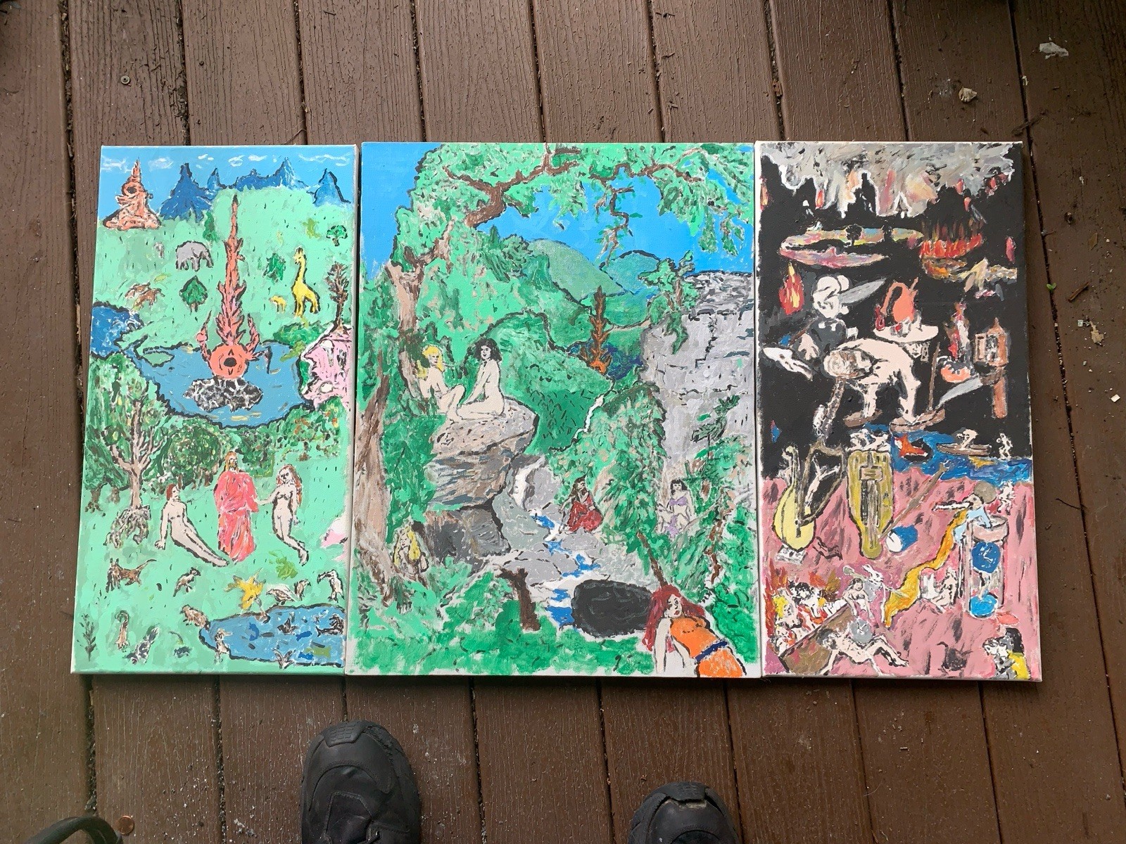 Huge Original Triptych Painting 42×24 Garden of Earthly Delights Bosch Pop Art