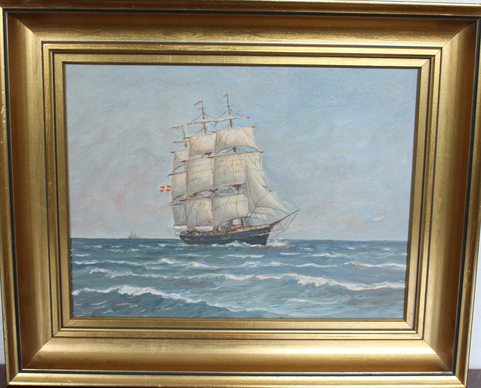 DECORATIVE DANISH PAINTING “SAILING SHIP” ILLEGIBLY SIGNED! #12931