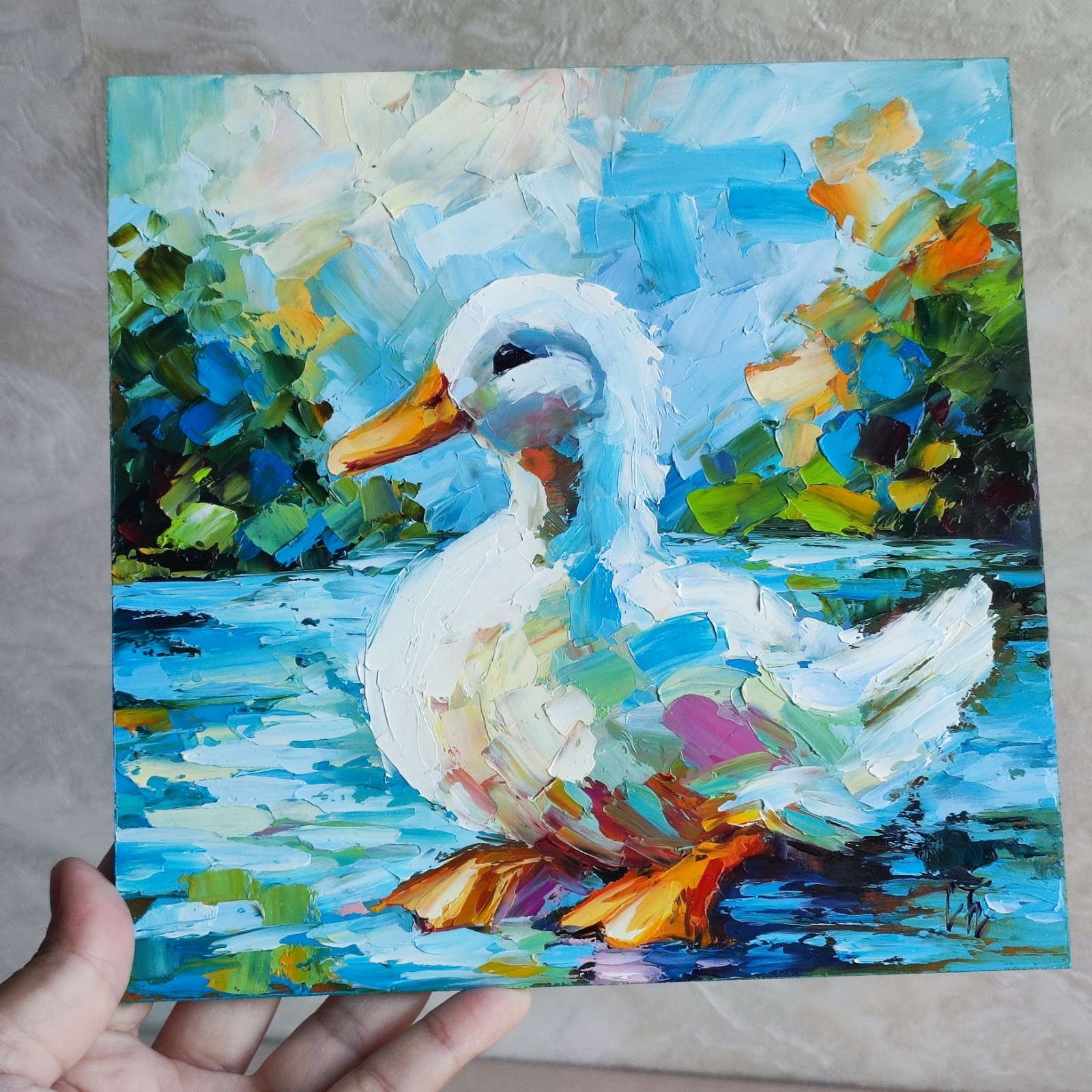 original oil painting Duck Bird Impasto artwork Farm Animals wall art 8*8 inch