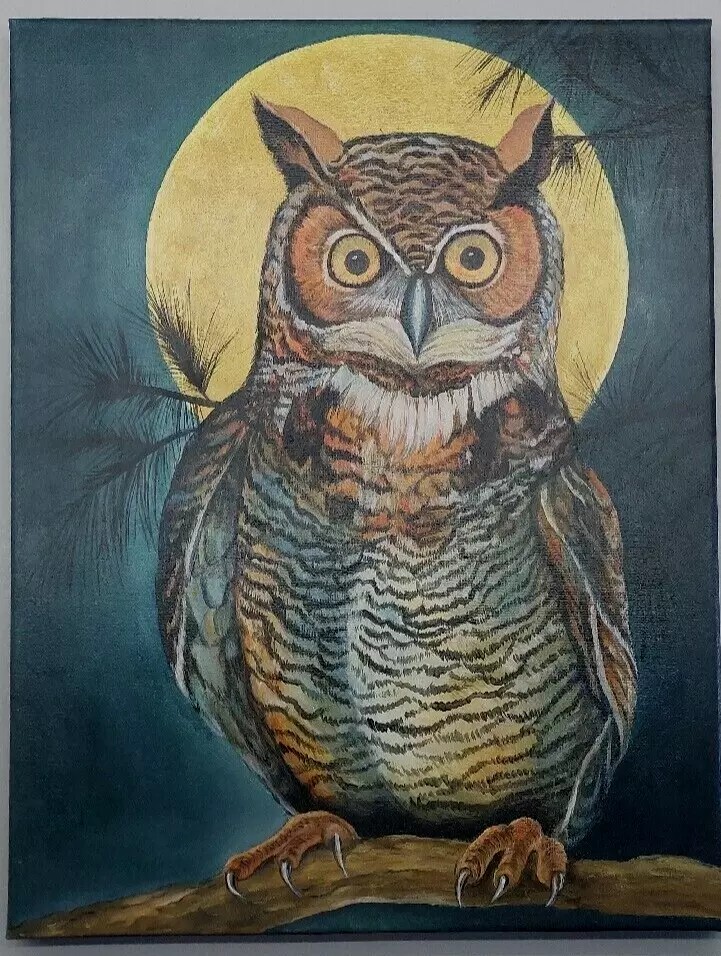 acrylic painting OWL UNDER THE MOON on canvas 45×35 cm
