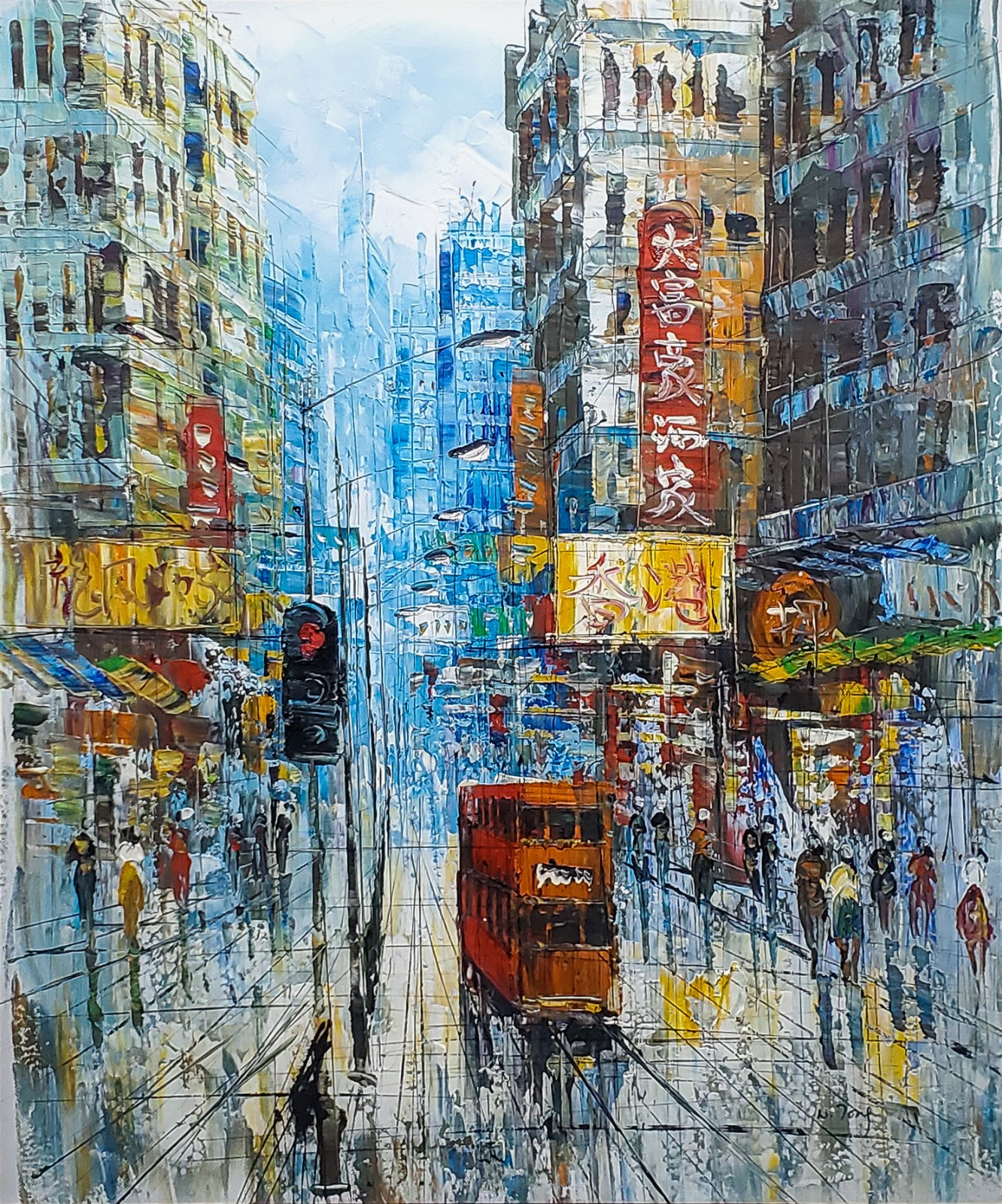 Stunning W. Tong Impressionist Hong Kong Streetscape Oil Painting Framed 23×27″