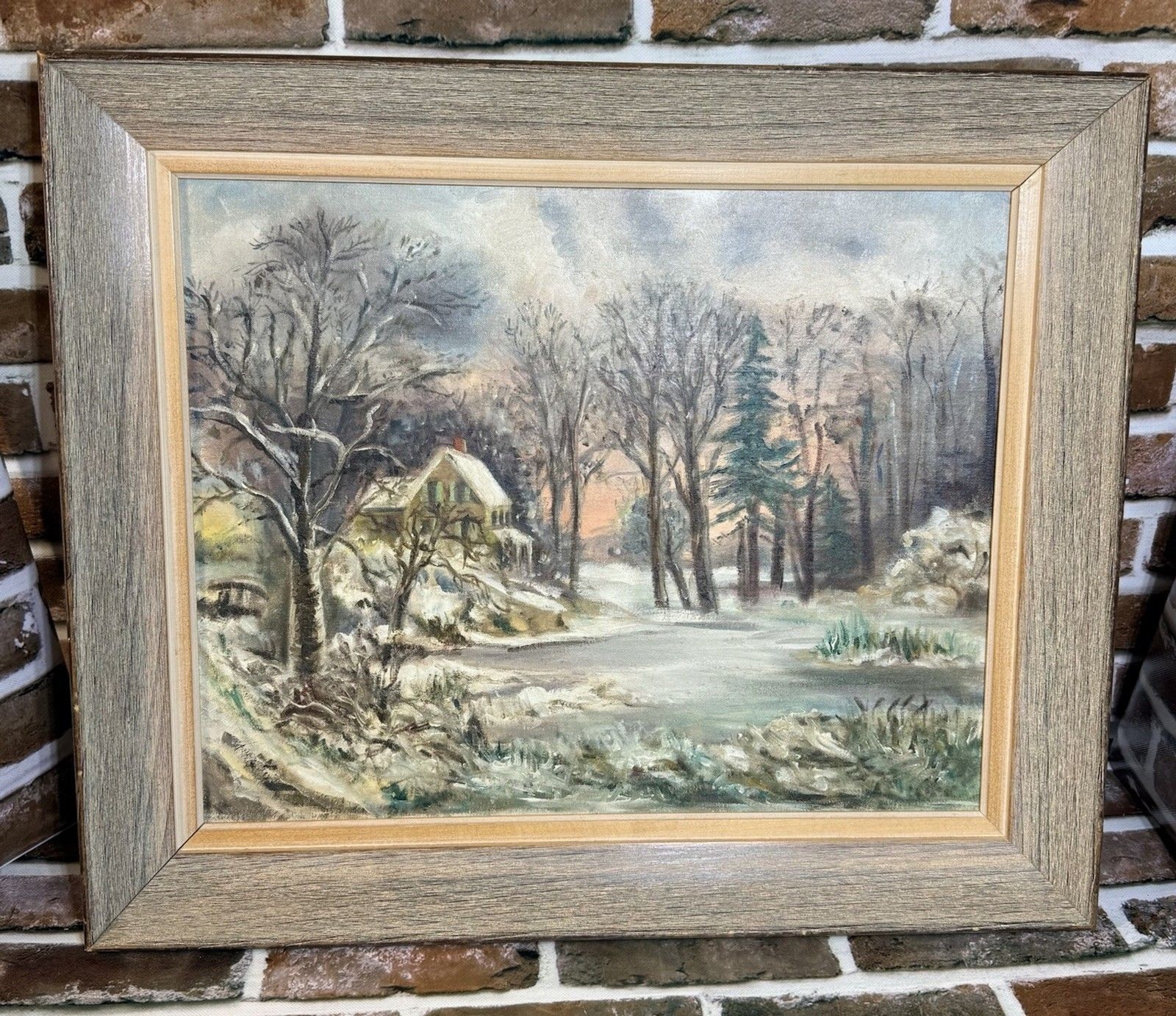 Vtg Folk Art Rustic River in Snow Scene Cottagecore Farmhouse Decor 25.5 x 20.5