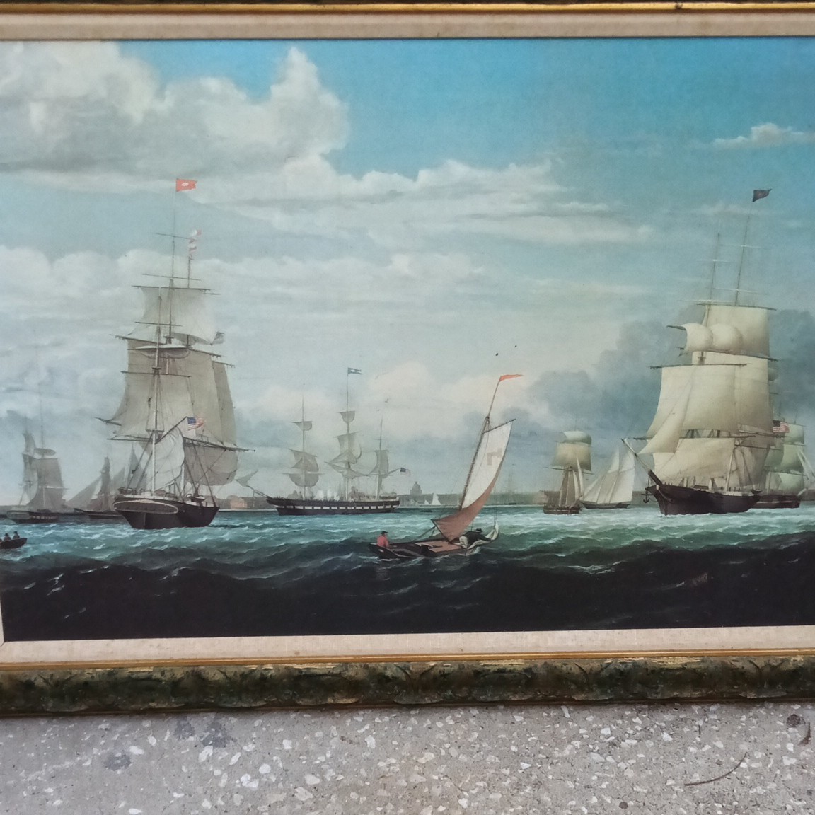 Framed Nautical Realism Seascape Painting w/ Sailing Ships on Ocean oil painting