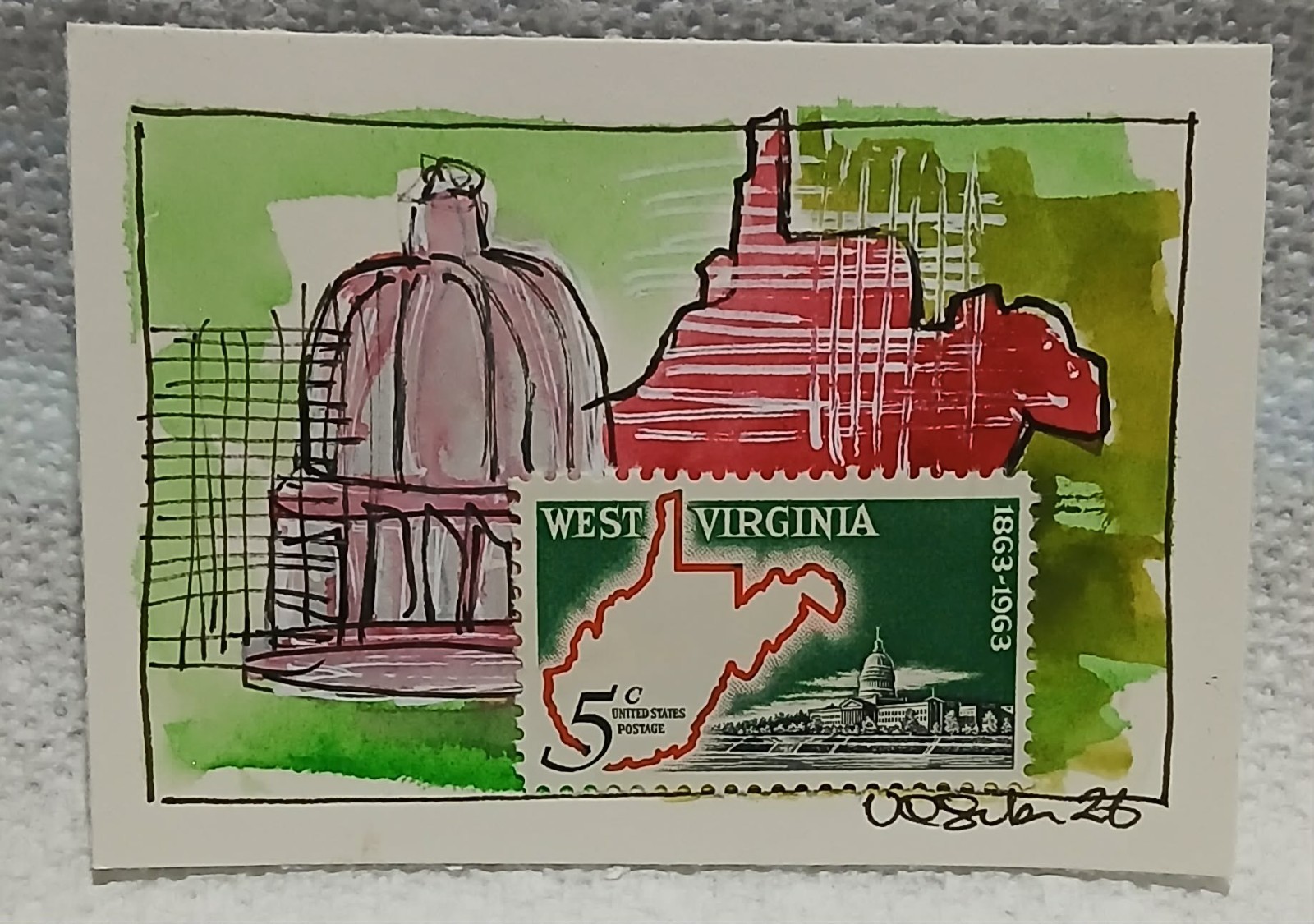 Postal Whimsy 5¢ West Virginia Centennial Abstract Watercolor ACEO by Virginia