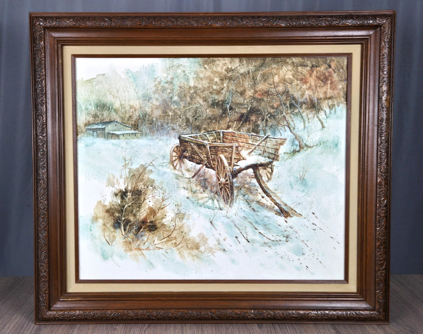 Jim Sloan original winter landscape oil painting on canvas, wagon, farm/barn