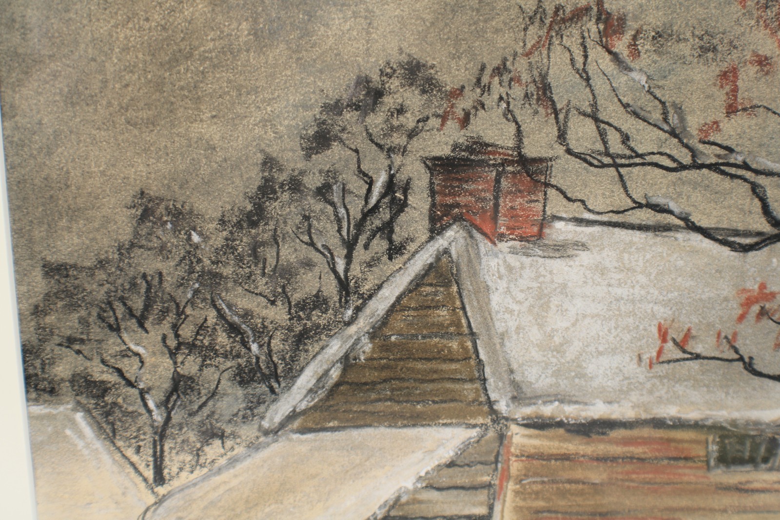 Vintage Rural Farmhouse In Winter Scene Pastel Painting Unsigned