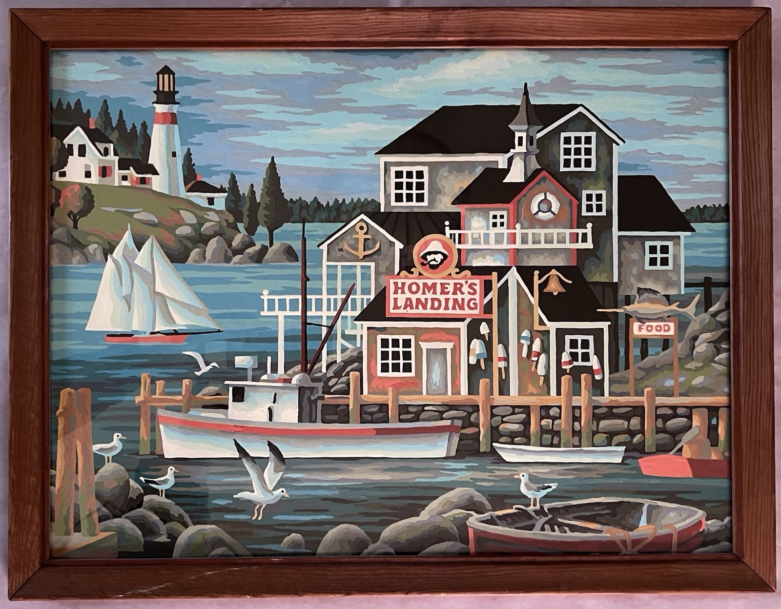 HOMERS LANDING Framed VTG Painting Paint-by-Number:Seaside, Lighthouse,GullsRARE