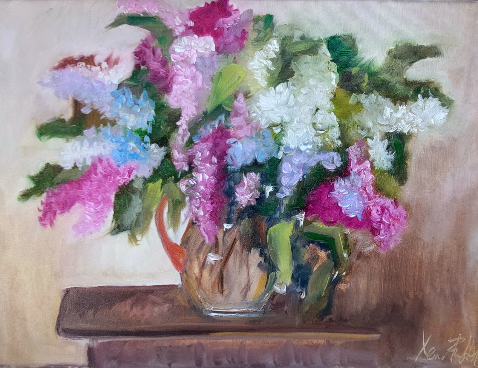 Oil original still life painting on canvas size 16×12 inches Lilacs