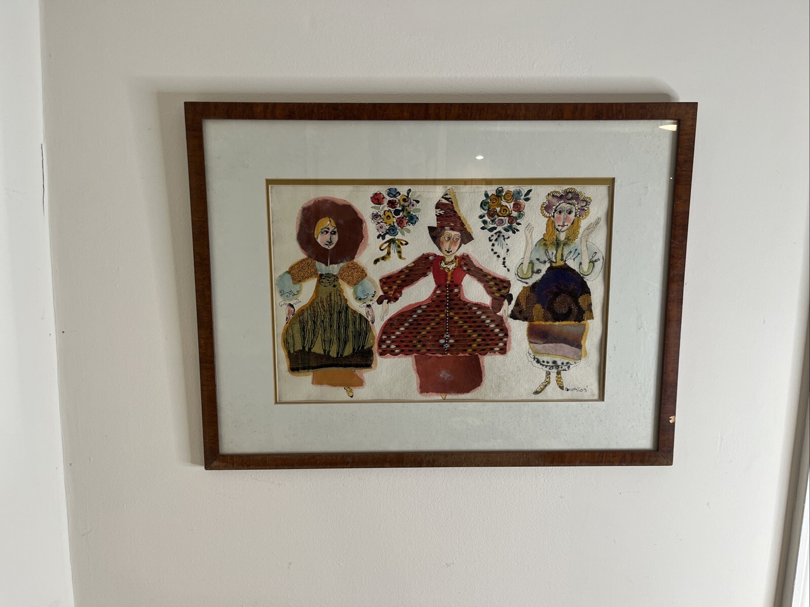 Alena Dostálová Czech Republic 1960s MCM Art Watercolor/Fabric Painting on Paper