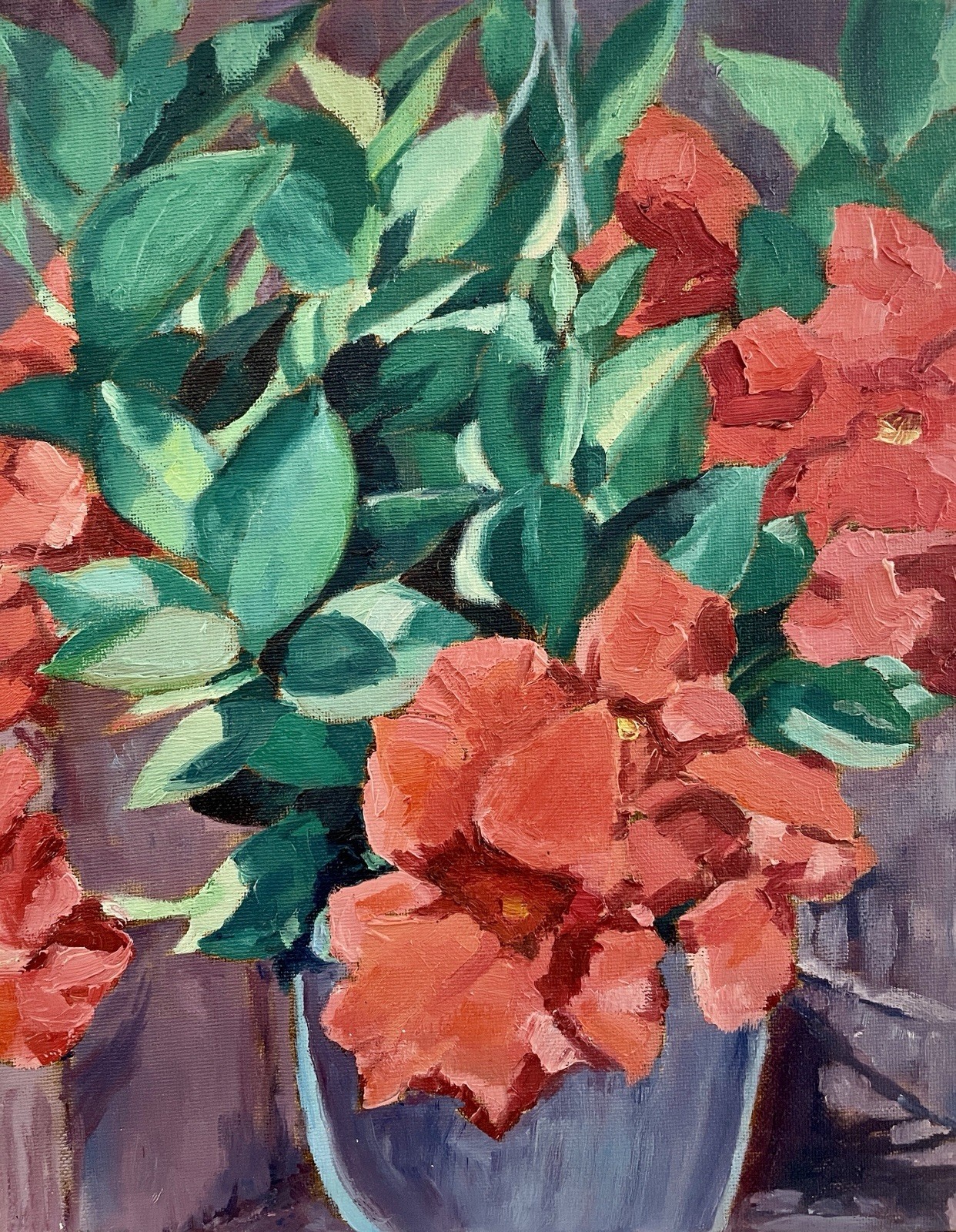 Original Oil Painting Red Mandevilla 11×14 Tropical Floral Canvas Art