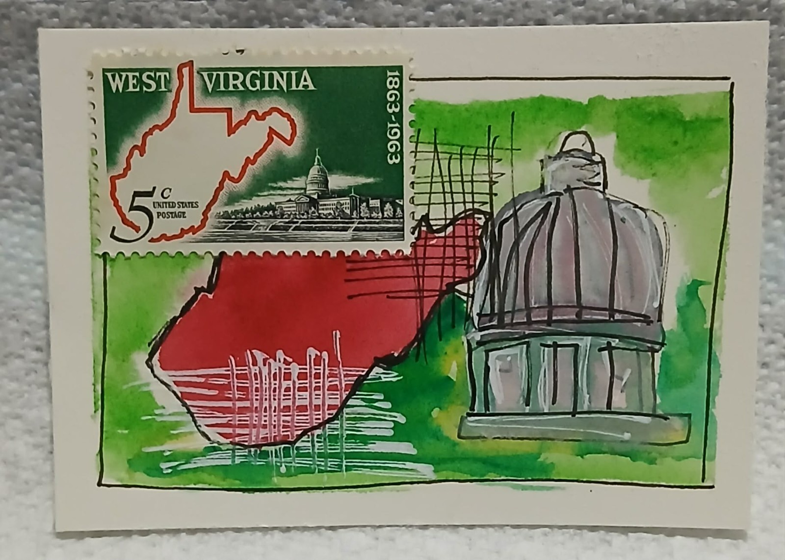 Postal Whimsy 5¢ West Virginia Centennial Abstract Watercolor ACEO by Virginia
