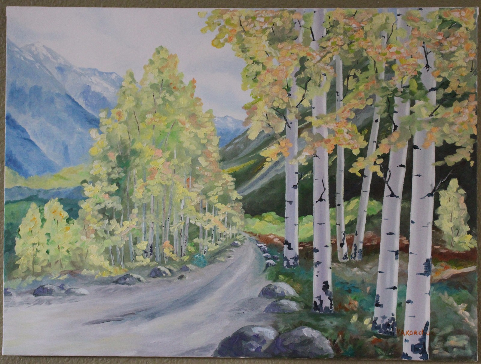 Oil Painting Landscape Mountain Aspen Forest Road Canvas Original Artist