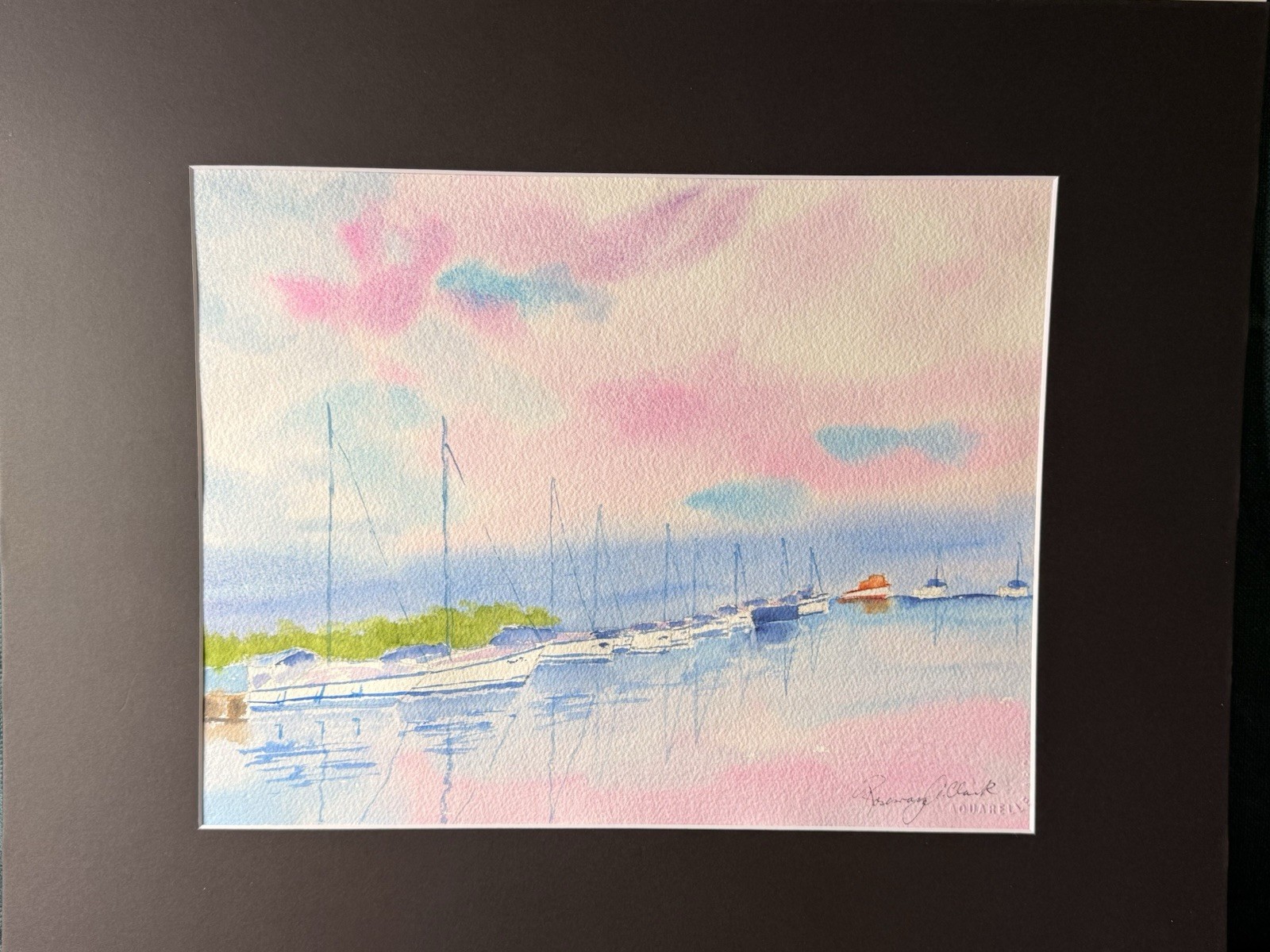 Rosemary J. Clark Original Watercolor Boats in Harbor Coastal Scene 20×16 Matte
