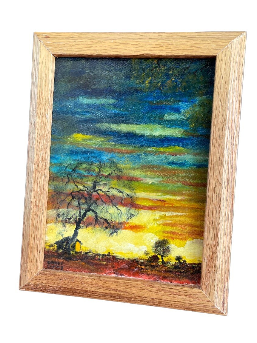 Acrylic Sunset Landscape Painting Framed Signed Original 9.5 x 7.5 in Wall Art