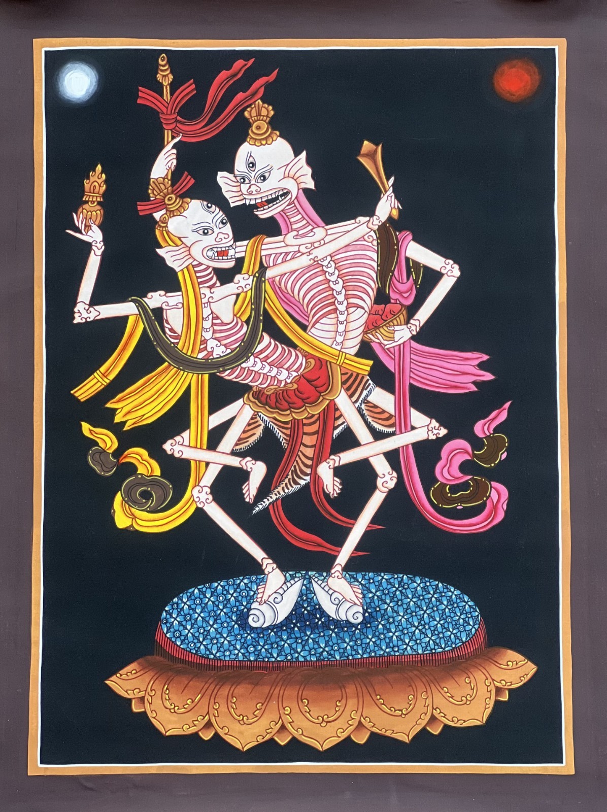 CITIPATI DANCING SKELETONS HAND-PAINTED TIBETAN THANGKA ART WITH SILK BROCADE