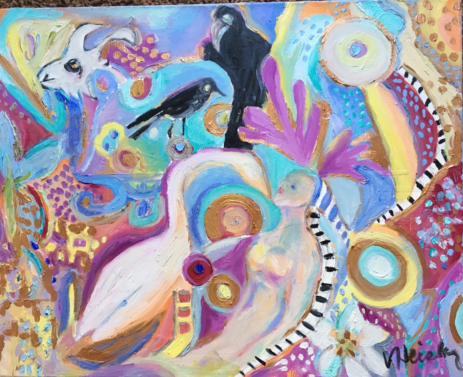 Leda and Swan with Crows An Original ,Large acrylic Painting 20”x16”