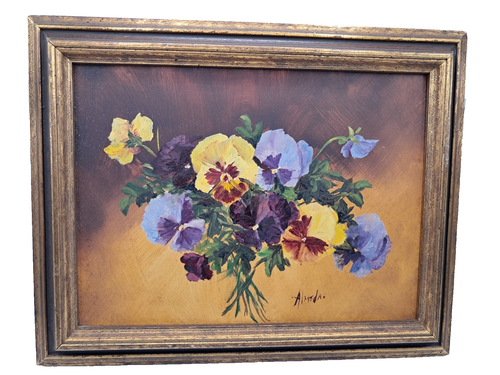 Vintage Mid Century Oil Painting Pansy Bouquet Signed Almeda Ernst 9.75″x7.75″