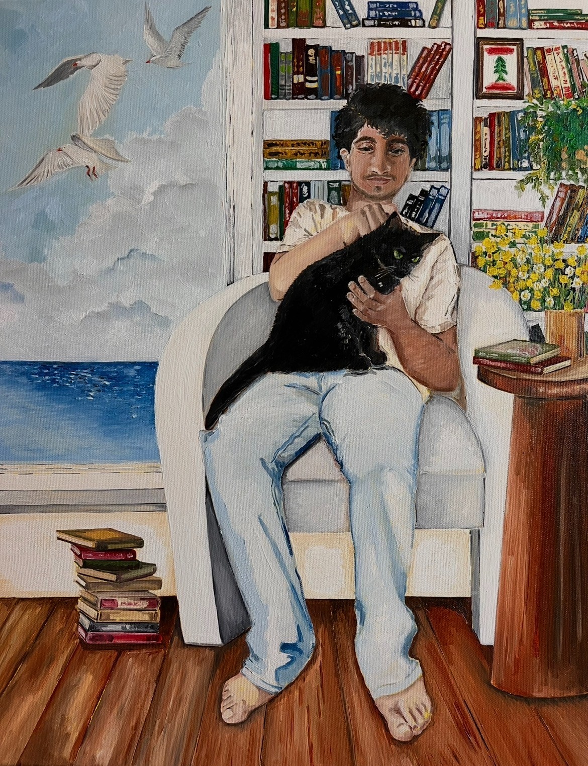 Oil Painting on Canvas, 16×20 inches, Man & Cat, Books, Cats, Sky, blue.