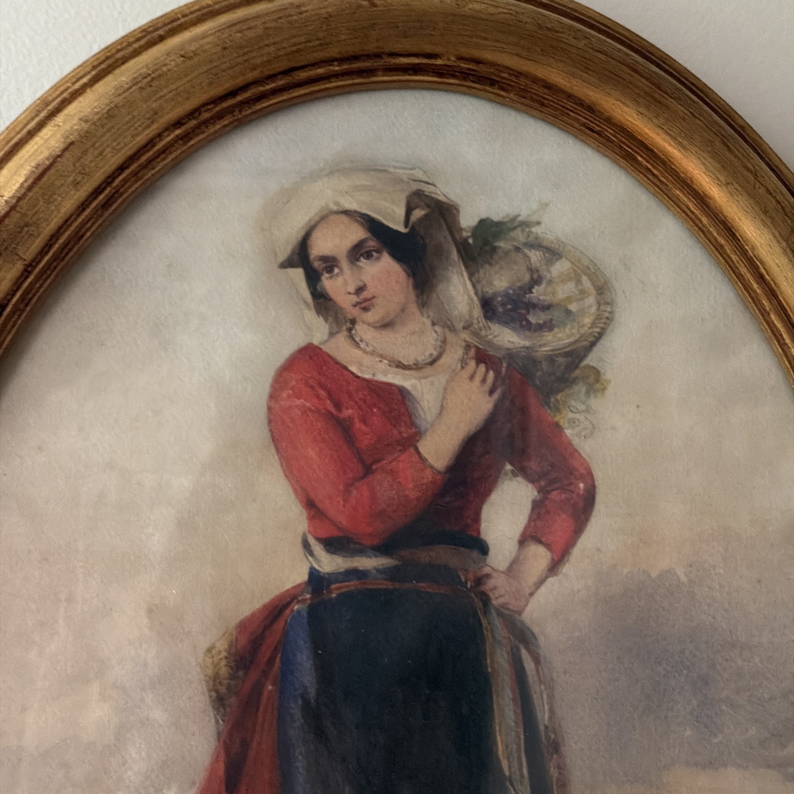 Antique Painting A Girl In A Vineyard Watercolor 1890. Italian.