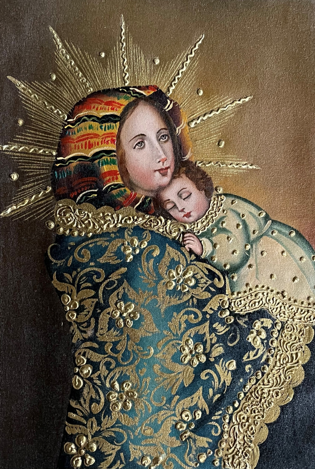 Madonna and Child Original Painting Oil on Canvas Cusco School 7 3/8 x 11 1/4