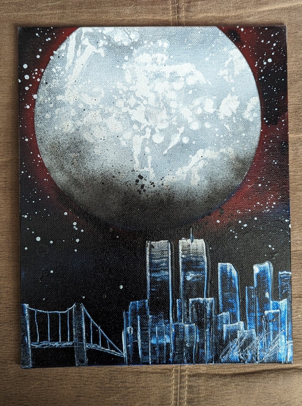 Full Moon Over The Twin Towers. Spray Paint Art. 8×10 Inches. Never Forget.