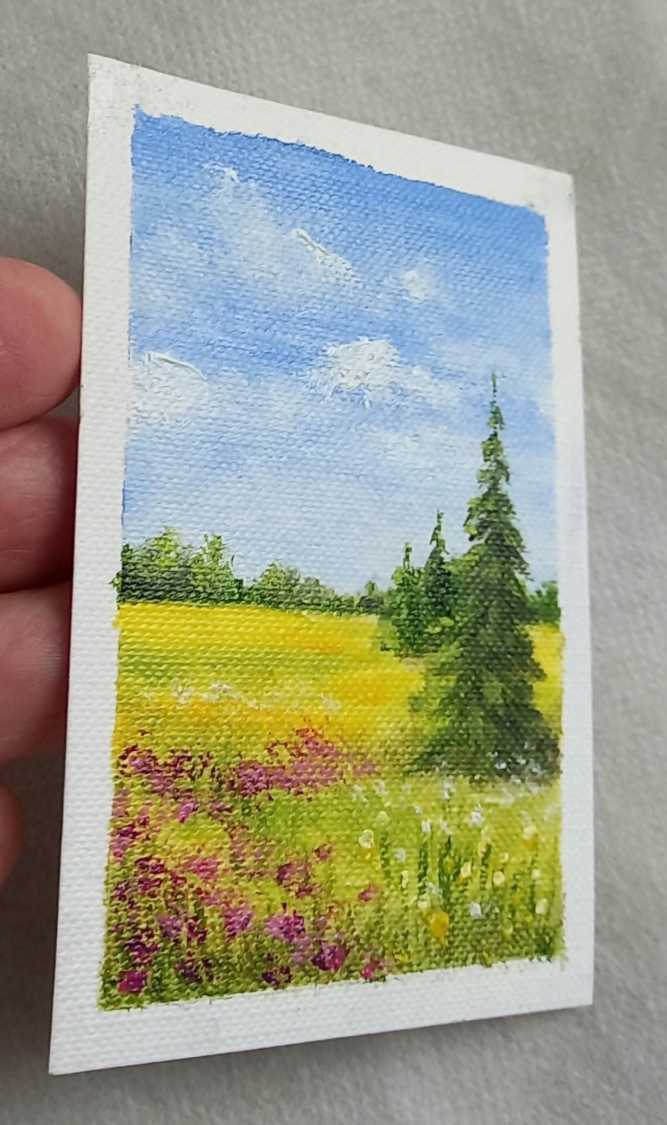 ACEO Original Oil Painting Landscape Field Noon Meadow Wall Art 2.5 x 3.5 in