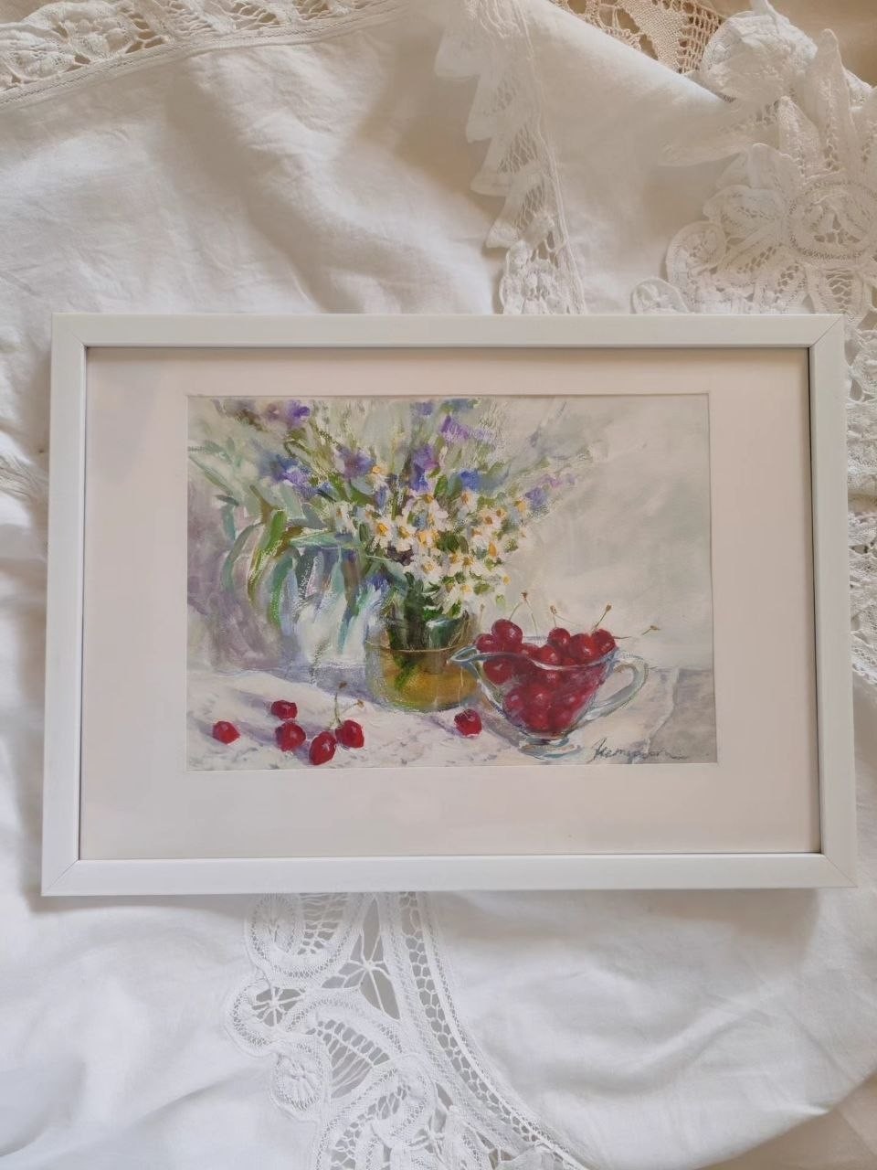 art 766 Original Still Life Oil Painting paper Cherries and chamomile 6×9 in