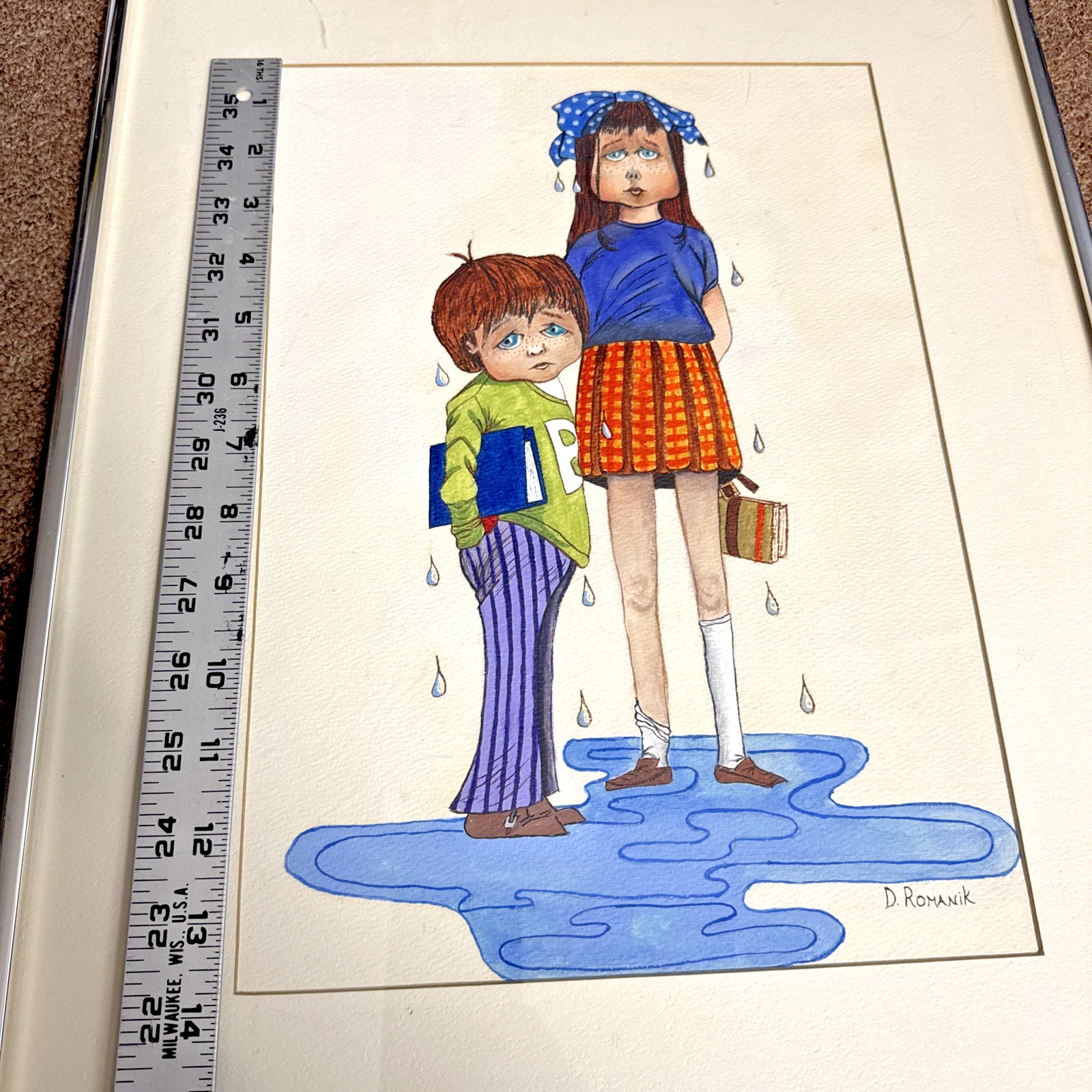 Vintage D. Romanik Signed Illustration Art – Big Eye Style Children in Rain