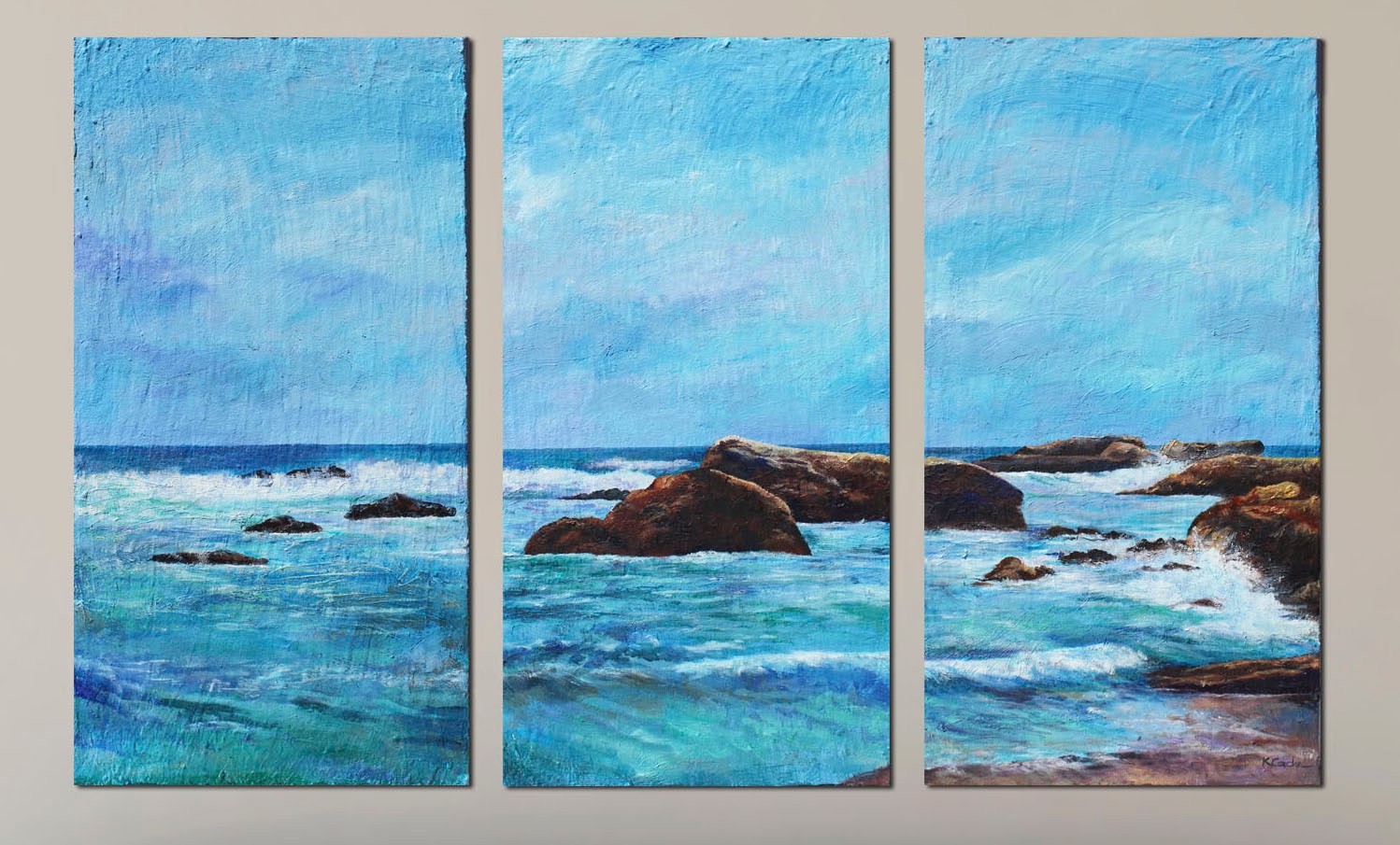 Laguna Beach Seascape – Hand Painted enamel Triptych Painting on Gypsum Panel