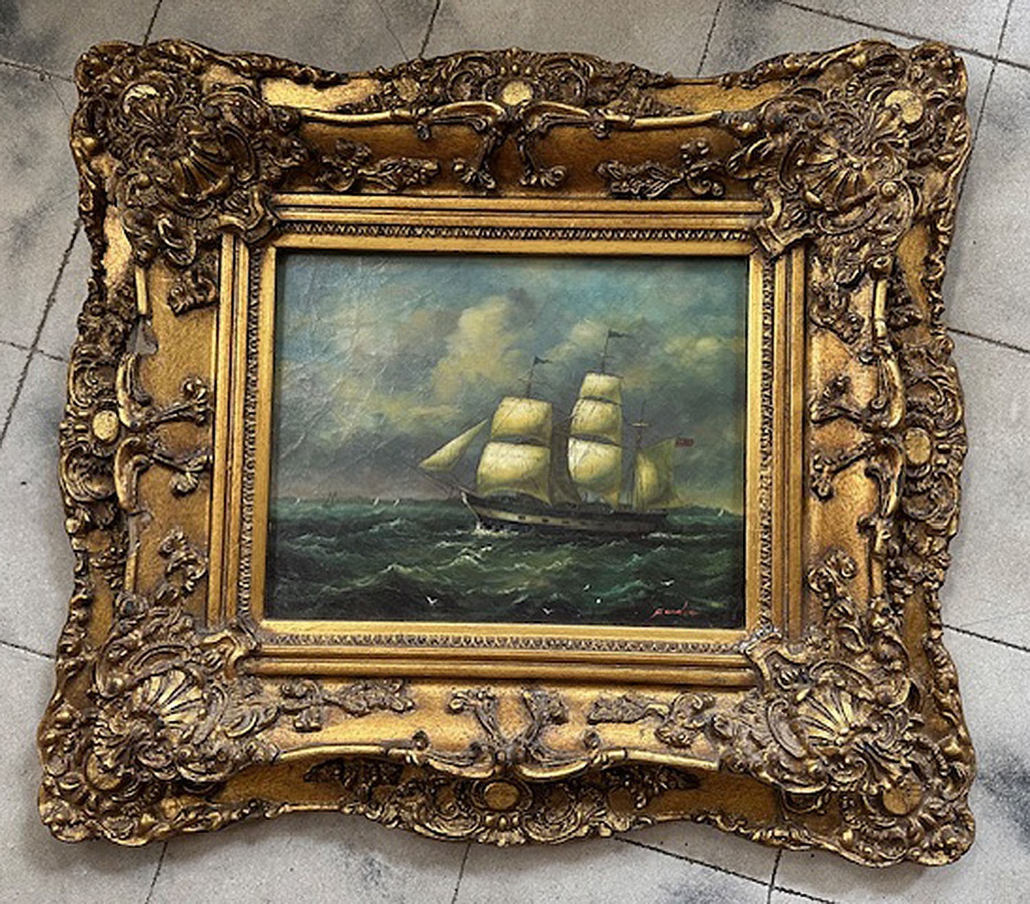 Vintage Art Print Picture of a Clipper Ship Labeled Carvers & Gilders England
