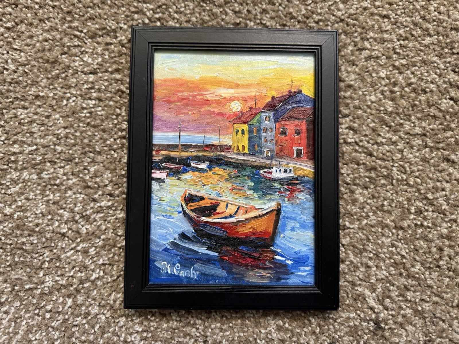 ORIGINAL OIL PAINTING SUNSET SEASCAPE LANDSCAPE SIGNED FRAMED 5×7