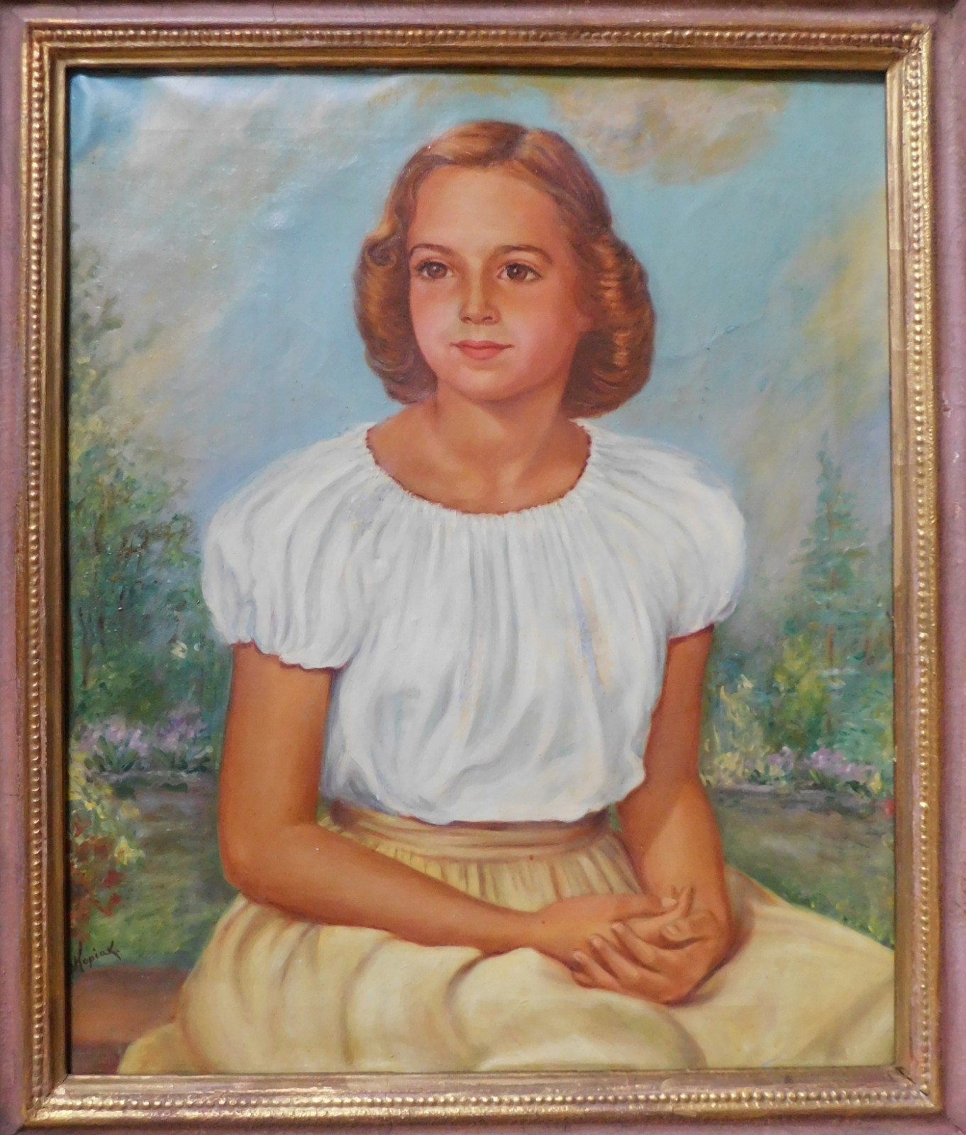 1940’s 50’s Portrait Oil Painting Of Young Lady NEO CLASSICAL GOLD FRAME 30 x 25