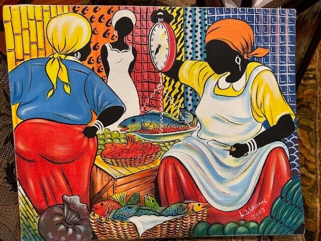Vintage Original Haitian Painting Black Chubby Female Fish Seller, by L Williams