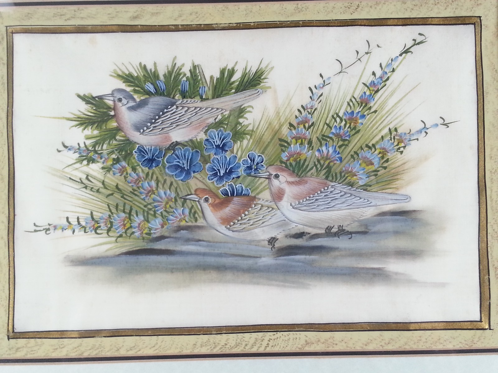 Vintage Painting Birds & Flowers Gold Frame Matted Art Cloth Silk