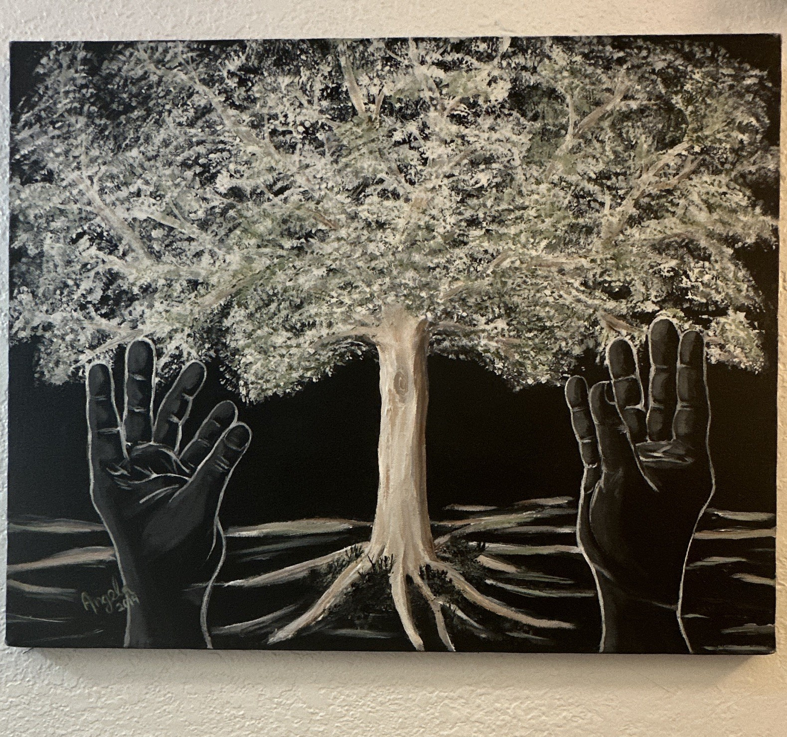Original Abstract Black & White Canvas Painting Tree Roots & Hands Unframed