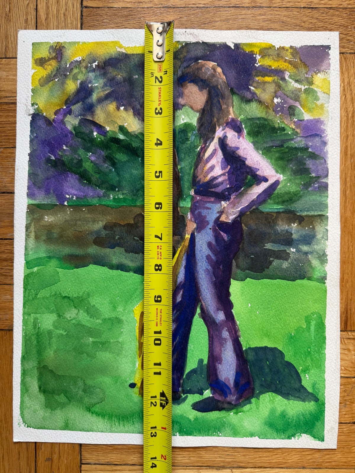 Vintage 1970s Watercolor Painting Woman in Park 10 x 13 Unsigned OOAK