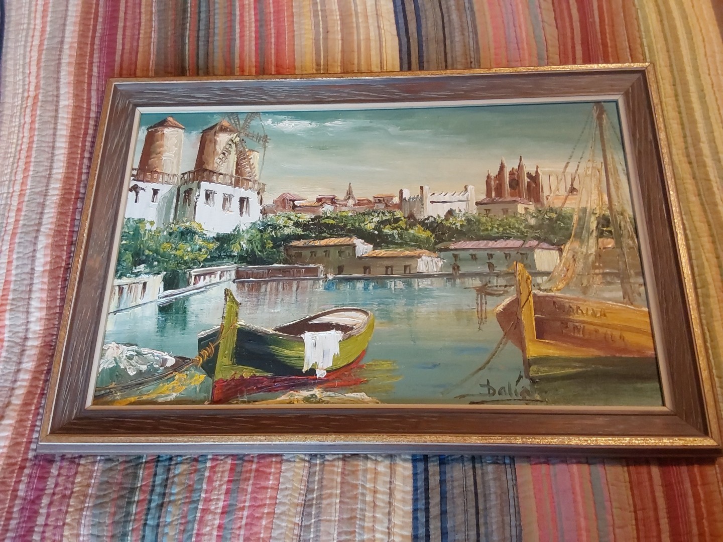 Vintage Original Signed Oil Painting Docked Boats Marina 27.25″ X 18.25″ GC