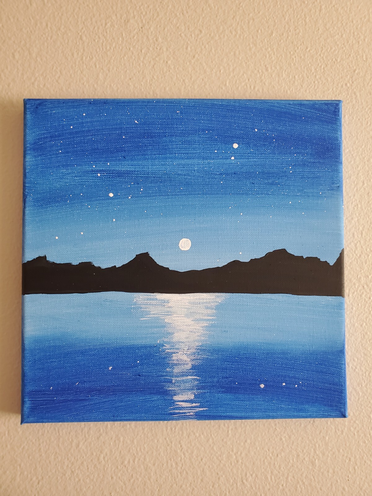 Handmade Acrylic Painting Wooden Frame 10×10 Art Decor Night Mountains Moon Lake