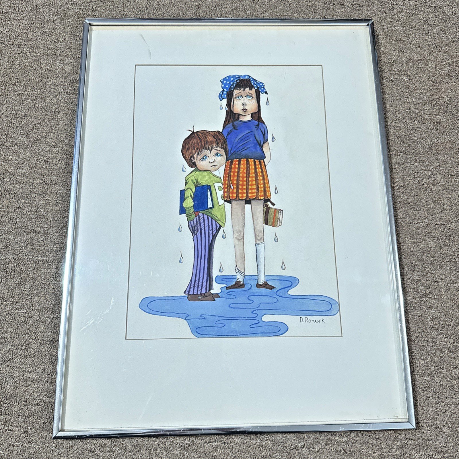 Vintage D. Romanik Signed Illustration Art – Big Eye Style Children in Rain