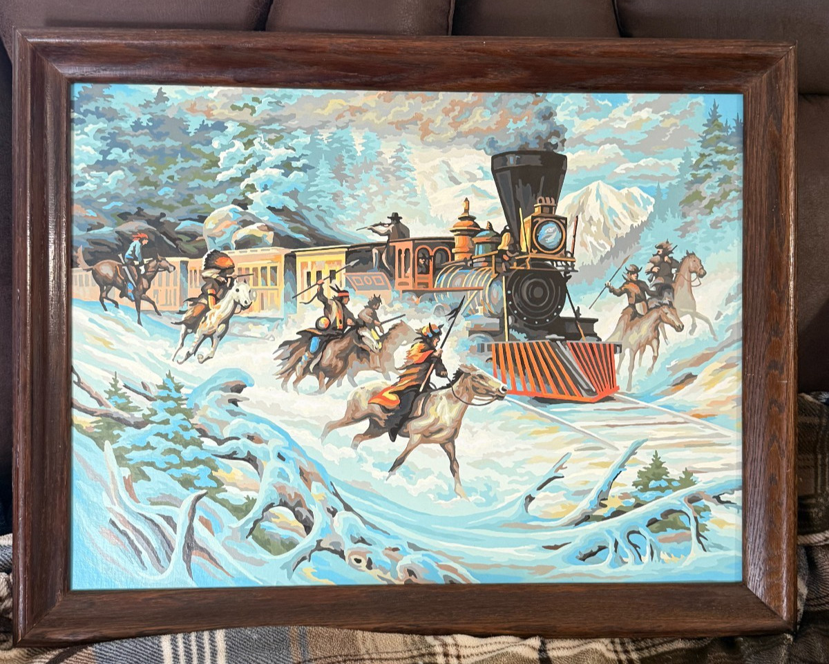 Vtg Stunning Western Paint by Number Cowboy/Indian Train Robbery 27″x 21″ Rare