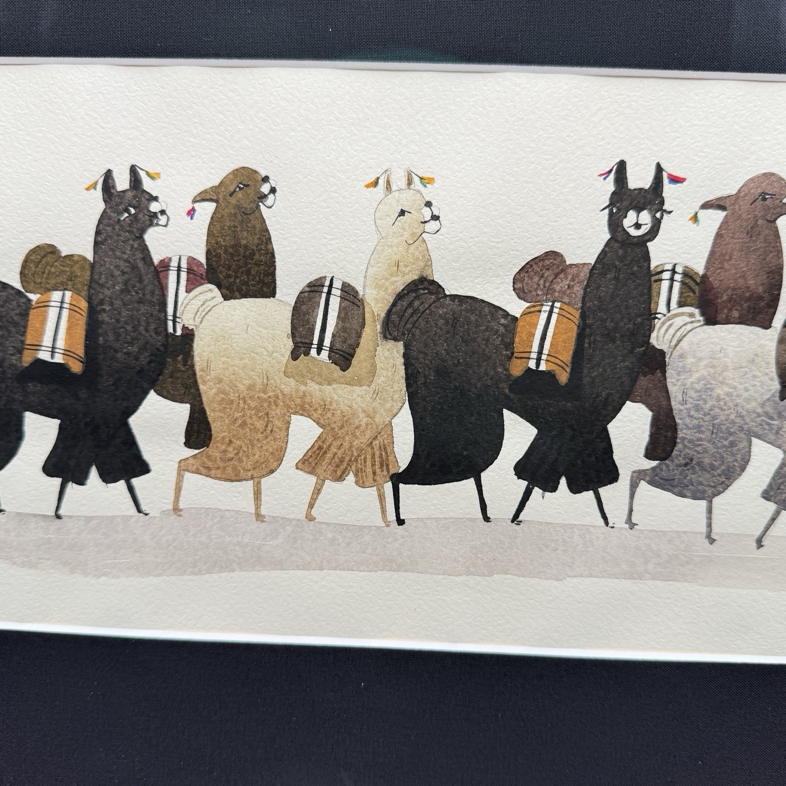 Pair Signed Peruvian Alpaca Llama Watercolors Folk Art Framed Andean Animals